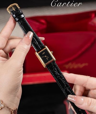 Cartier Tank Watch Ladies Must De 23*30MM Cowhide Leather Watch Strap Black Watch